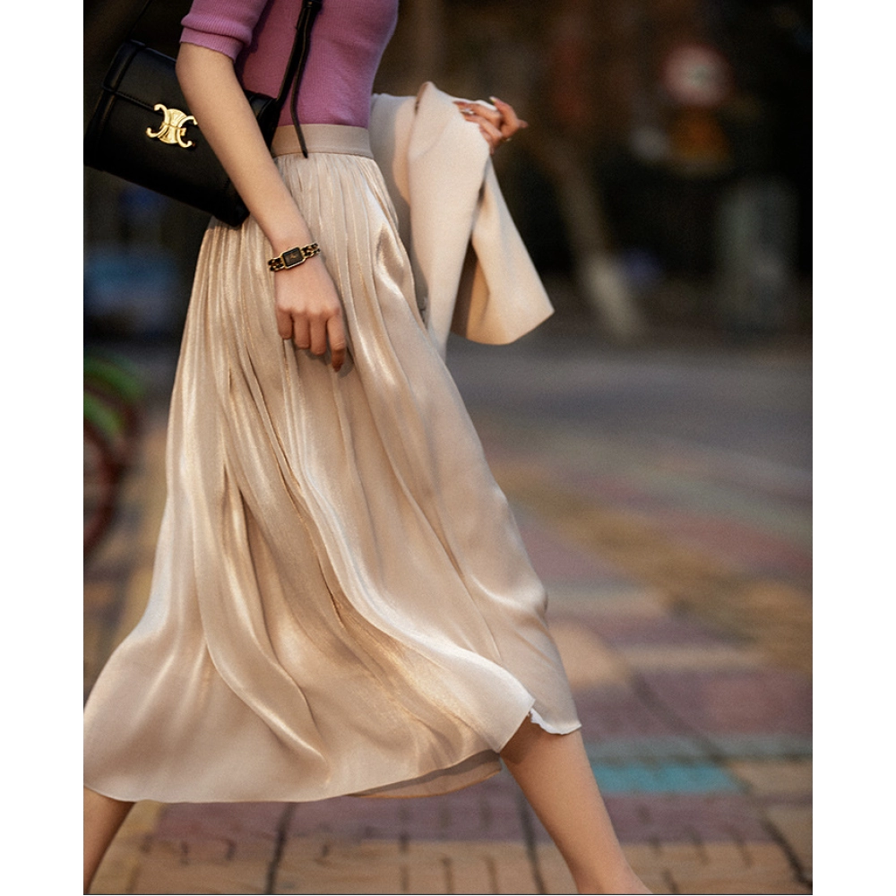Floating flowing silk thread milk pearly feeling A-line skirt women's pleated skirt