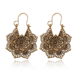 Vintage ethnic style metal hollowed-out flower earrings Bohemian carved earrings